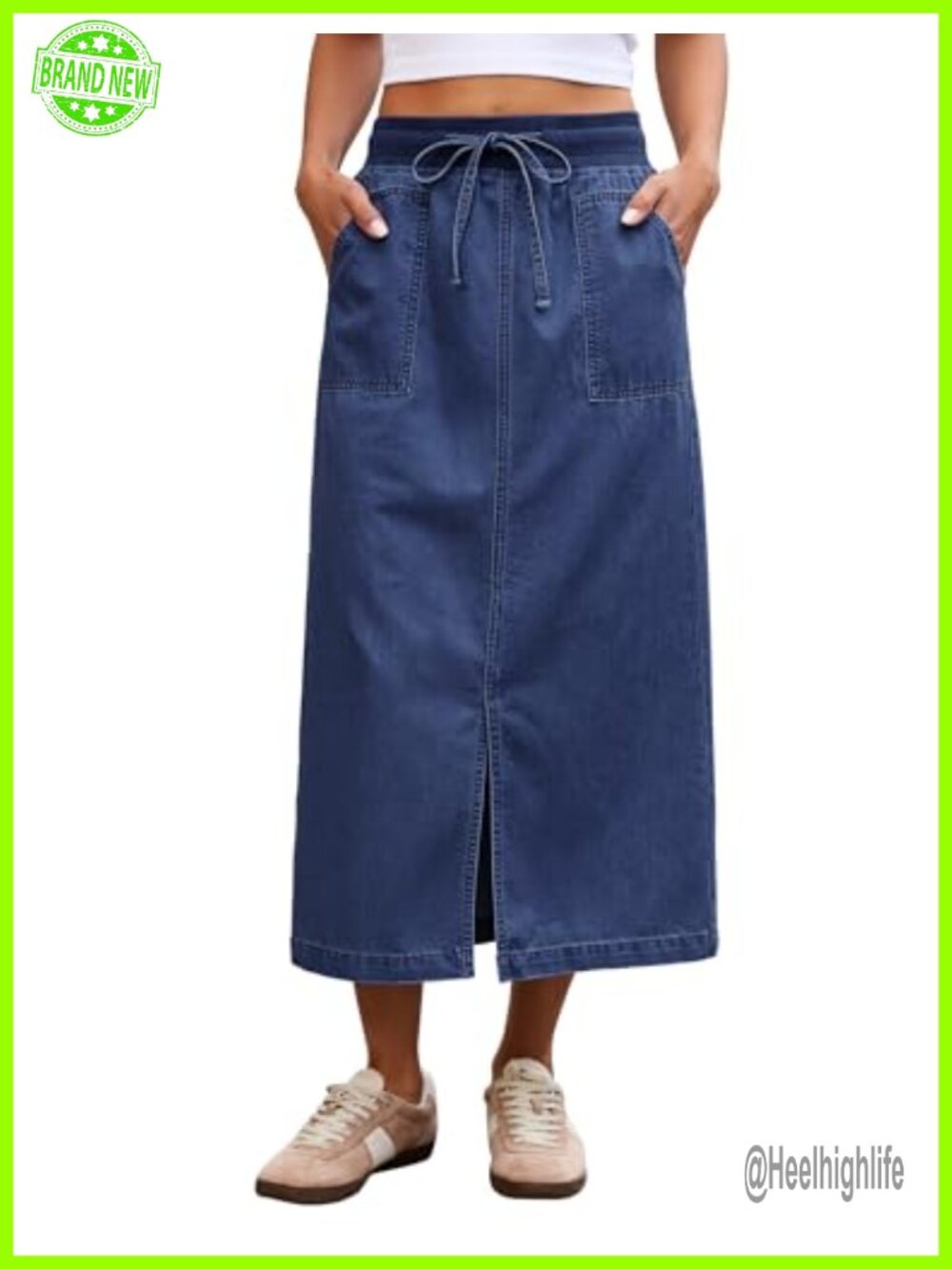 High Waisted Midi Denim Skirt Drawstring Elastic Waist Pockets Front Slit